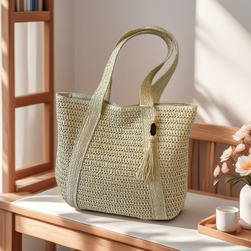 Wooden Bead Tassel Handwoven Bag β Large Straw Tote, Vacation Beach Shoulder & Hand Purse