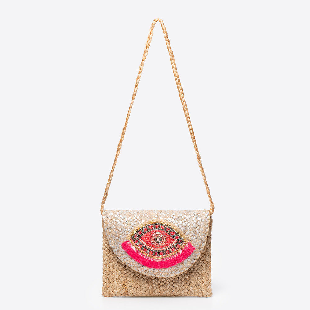 Beaded Patch Jute Bag – Bohemian Handwoven Clutch, Vacation Woven Shoulder Purse