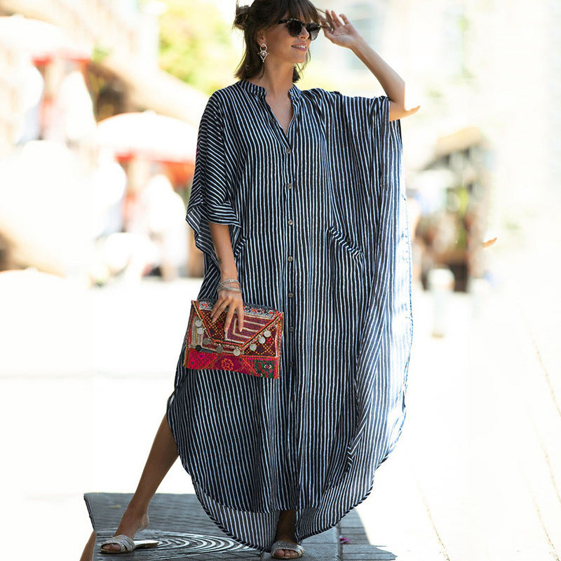 Black & Brown Striped Beach Robe ¨C Sexy Single-Breasted Bikini Cover-Up, Vacation Kimono