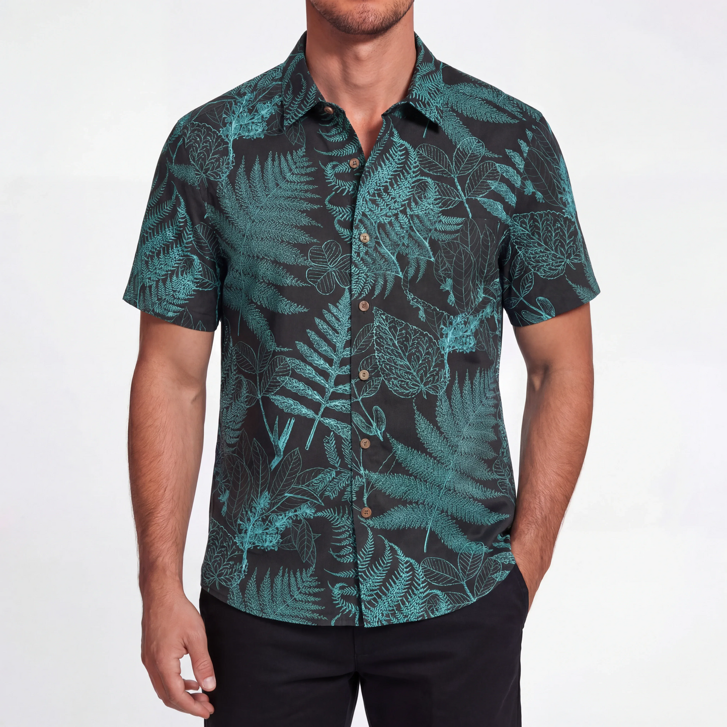 LeosWare® Men's Hawaiian Shirt Short Sleeve Button-up 100% Cotton Blue Aloha Hidden Forest Fern