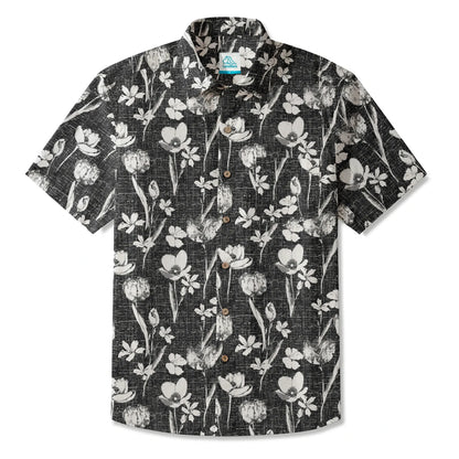LeosWare® Flower Men's Hawaiian Shirt Short Sleeve Button-up 100% Cotton Black Aloha Ink Strokes And Flower Traces