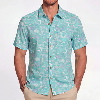 LeosWare® Men's Hawaiian Shirt Short Sleeve Button-up 100% Cotton Blue Aloha Azure Islet Sea Turtle