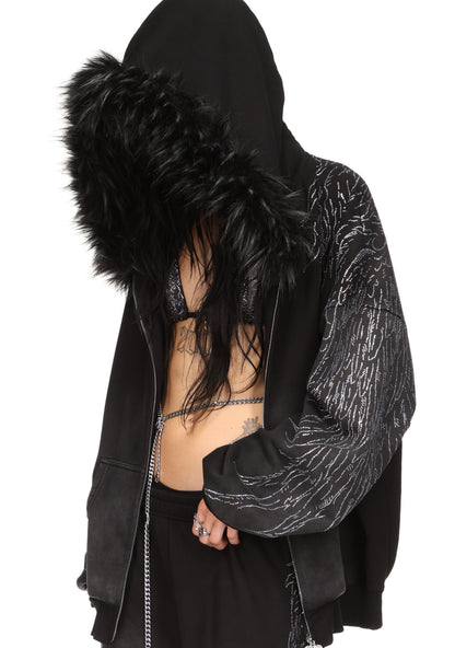 FALLEN FAUX FUR STUDDED CROP ZIP HOODIE (DETACHABLE FUR)