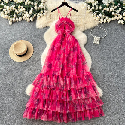 Vacation Halter Sleeveless Printed Dress – Tiered Mesh Cake Skirt, Flowy Summer Maxi