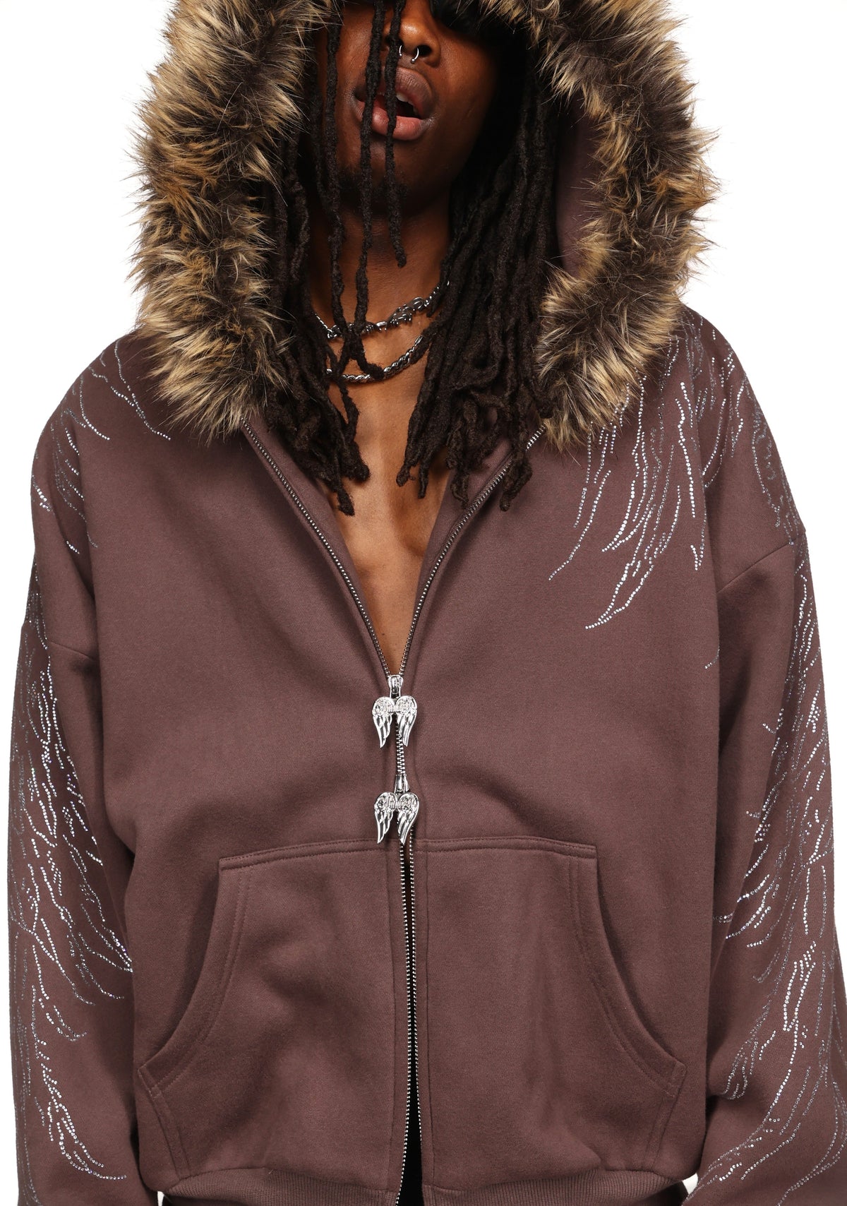 FALLEN FAUX FUR STUDDED CROP ZIP HOODIE (DETACHABLE FUR)