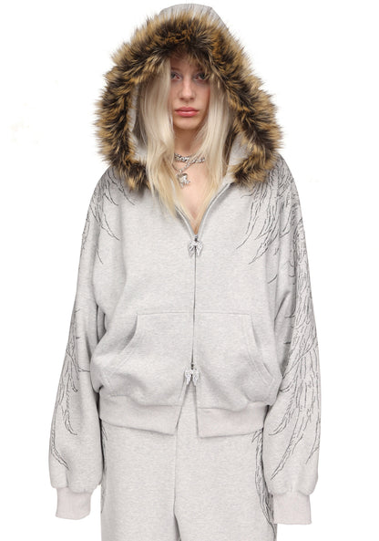 FALLEN FAUX FUR STUDDED CROP ZIP HOODIE (DETACHABLE FUR)
