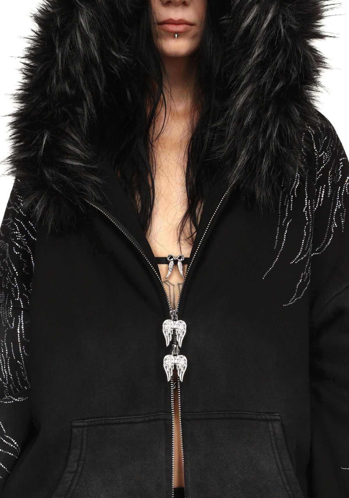 FALLEN FAUX FUR STUDDED CROP ZIP HOODIE (DETACHABLE FUR)