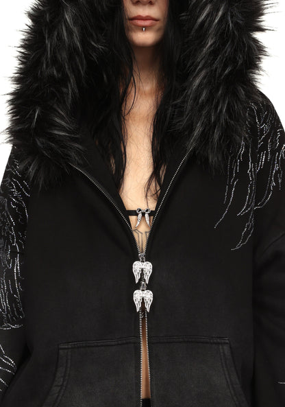 FALLEN FAUX FUR STUDDED CROP ZIP HOODIE (DETACHABLE FUR)