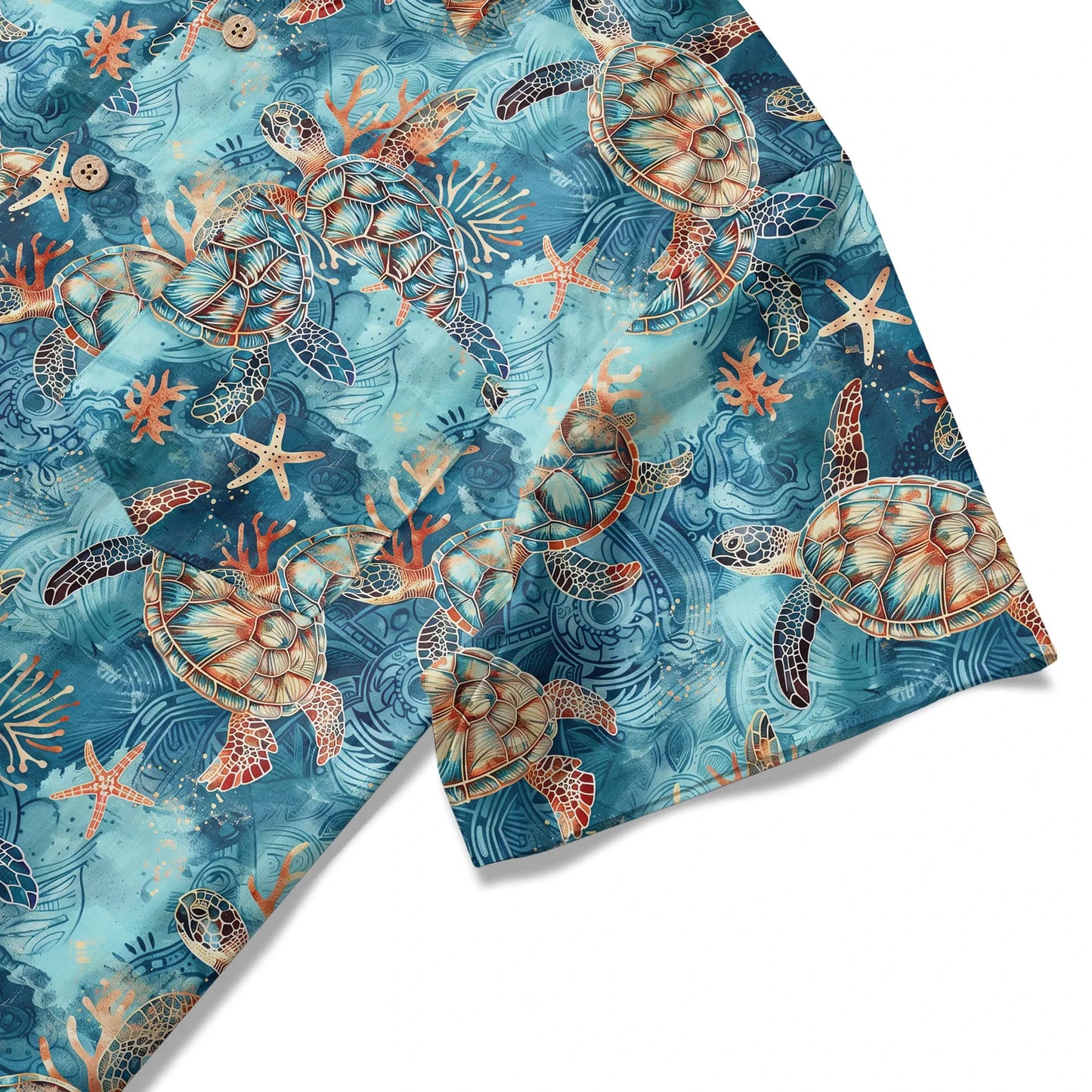 LeosWare® Men's Hawaiian Shirt Short Sleeve Button-up 100% Cotton Blue Aloha Golden Turtle Sea