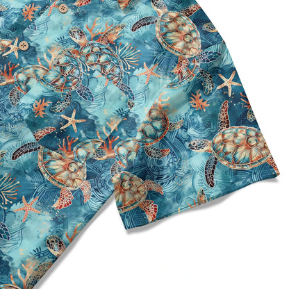LeosWare® Men's Hawaiian Shirt Short Sleeve Button-up 100% Cotton Blue Aloha Golden Turtle Sea