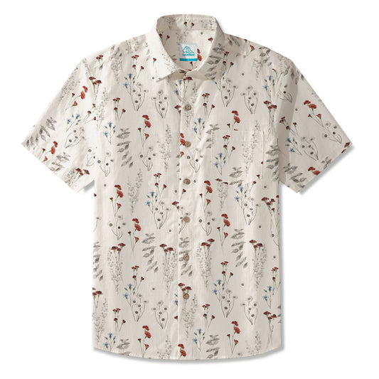 LeosWare® Men's Hawaiian Shirt Short Sleeve Button-up 100% Cotton Beige Aloha Field Of Wildflowers