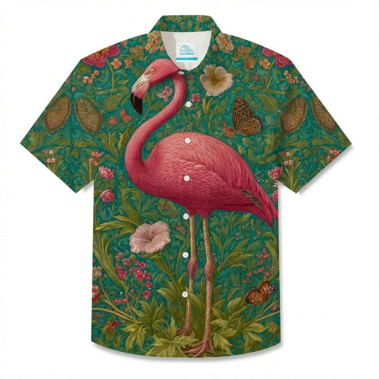 LeosWare® Men's Hawaiian Shirt Short Sleeve Button-up Breathable & Quick-Dry Aloha Flamingo Garden Oasis