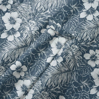 LeosWare® Hibiscus Flower Men's Hawaiian Shirt Short Sleeve Button-up 100% Cotton Blue Aloha Blue Ink Flower Shadows