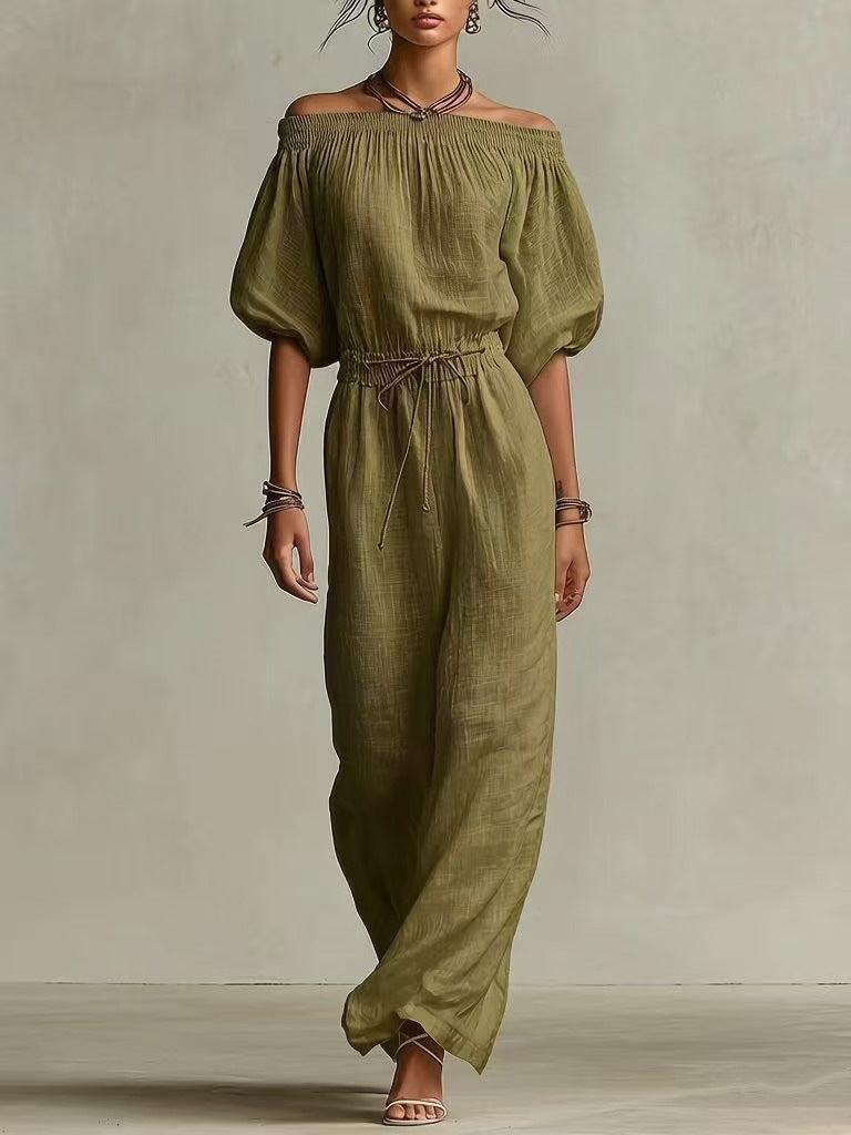 Women's Linen Pants Suit – Solid Color Lantern Sleeve Set