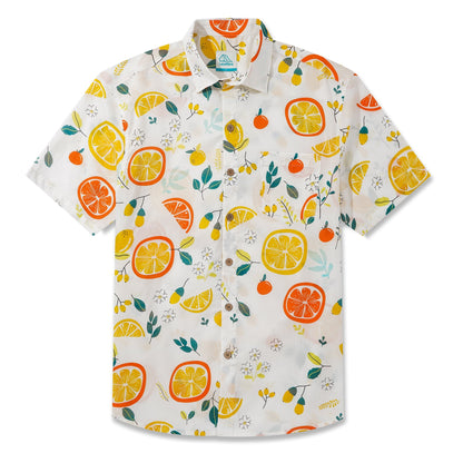 LeosWare® Men's Hawaiian Shirt Short Sleeve Button-up 100% Cotton Yellow Aloha Summer Fruit Guide