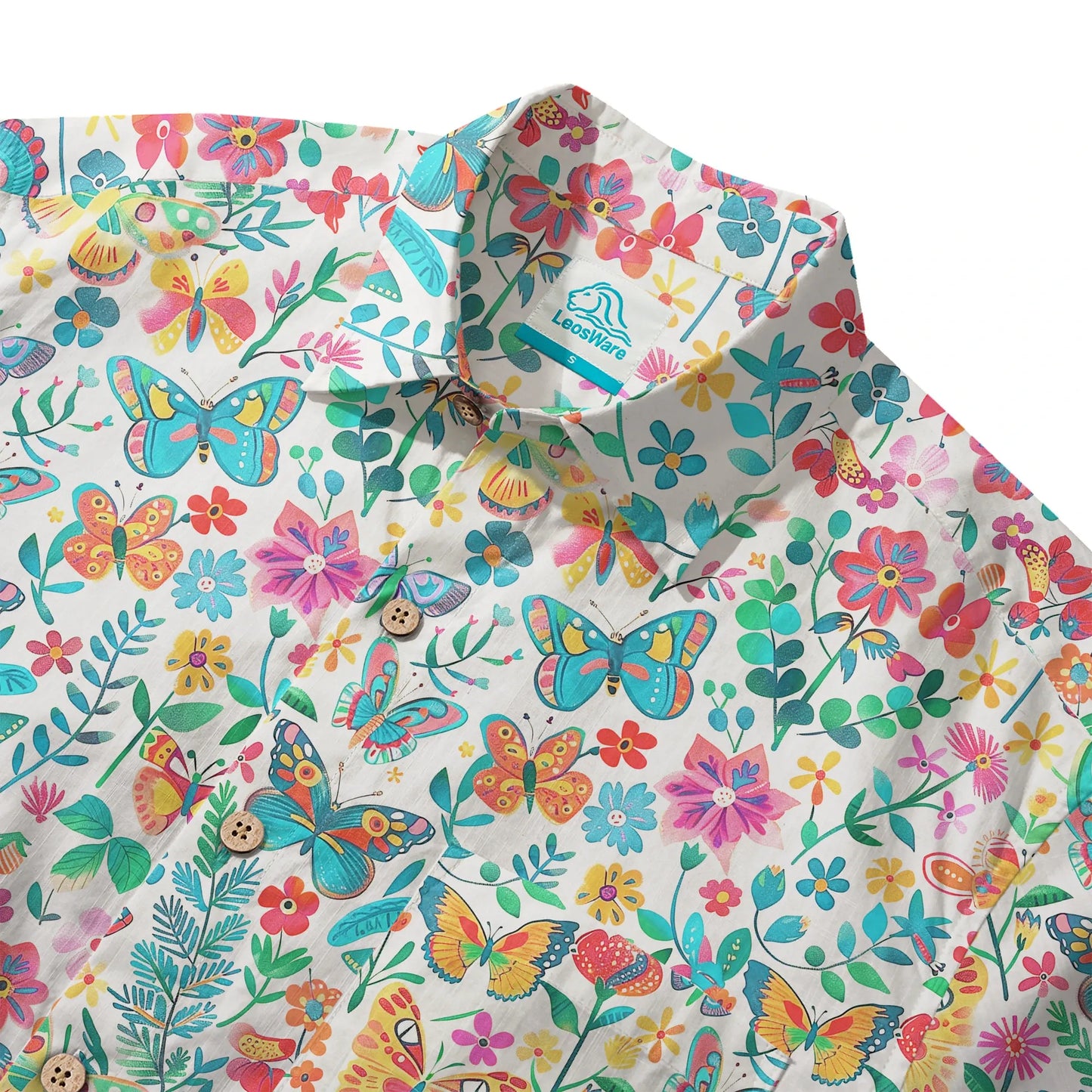 LeosWare® Men's Hawaiian Shirt Short Sleeve Button-up 100% Cotton Blue Aloha Dance Of The Butterfly Blossom Collection