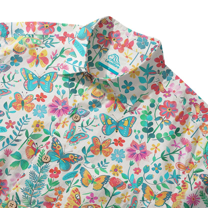 LeosWare® Men's Hawaiian Shirt Short Sleeve Button-up 100% Cotton Blue Aloha Dance Of The Butterfly Blossom Collection