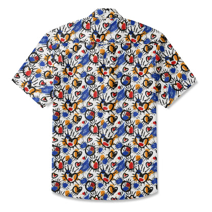 LeosWare® Men's Hawaiian Shirt Short Sleeve Button-up 100% Cotton White Aloha Color Clash Heart Mango