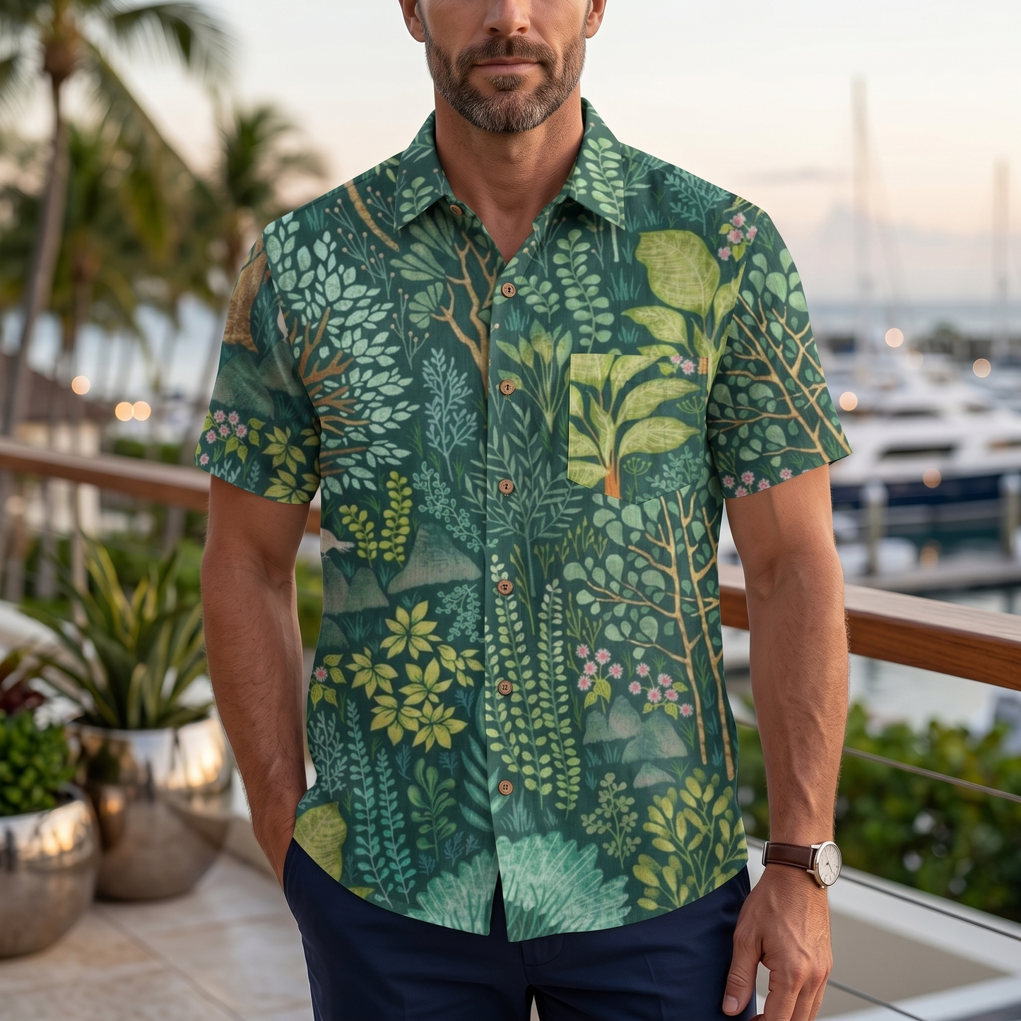 LeosWare® Men's Hawaiian Shirt Short Sleeve Button-up 95% Polyester, 5% Spandex Aloha Enchanted Forest