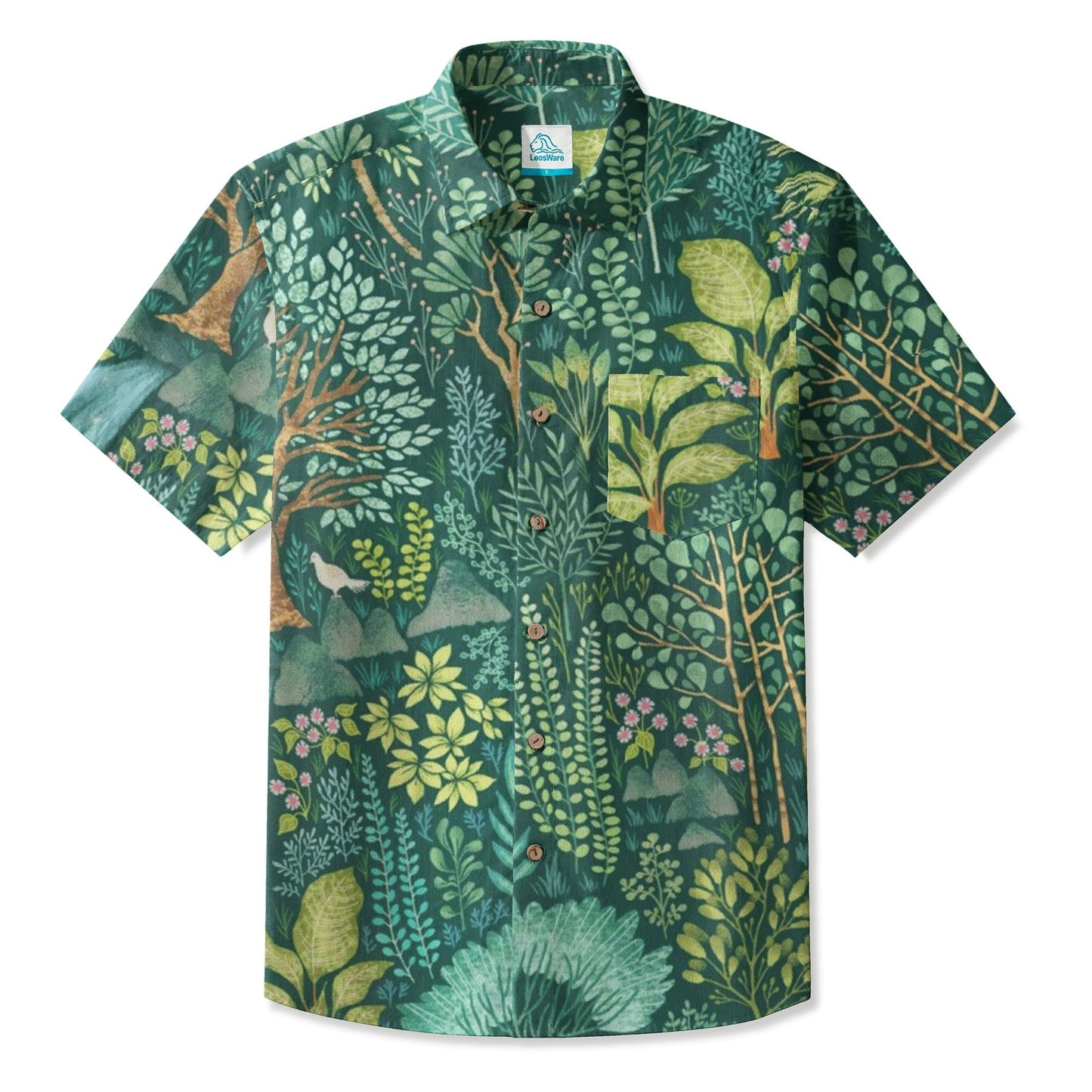LeosWare® Men's Hawaiian Shirt Short Sleeve Button-up 95% Polyester, 5% Spandex Aloha Enchanted Forest