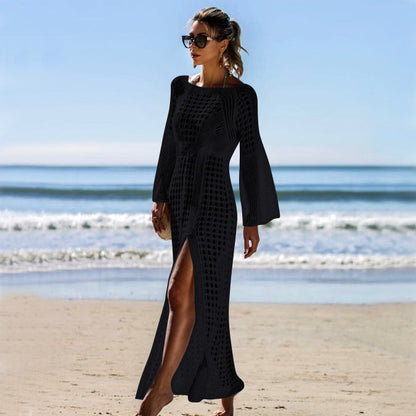 Sexy Hollow-Out Knitted Beach Dress ¨C Long Sleeve Split Hem Bikini Cover-Up, Vacation Maxi Kimono