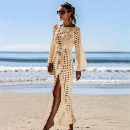 Sexy Hollow-Out Knitted Beach Dress ¨C Long Sleeve Split Hem Bikini Cover-Up, Vacation Maxi Kimono