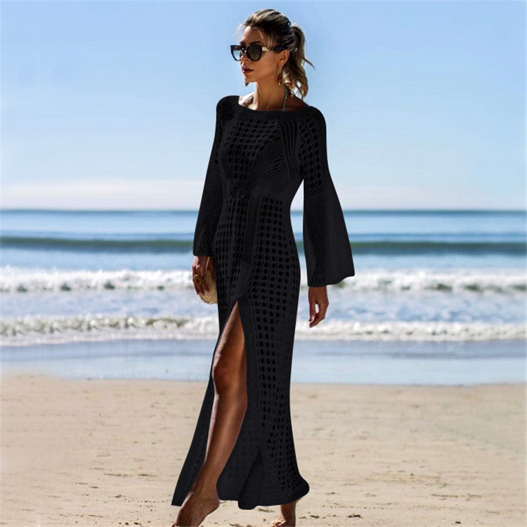 Sexy Hollow-Out Knitted Beach Dress ¨C Long Sleeve Split Hem Bikini Cover-Up, Vacation Maxi Kimono