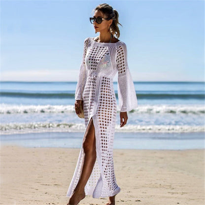 Sexy Hollow-Out Knitted Beach Dress ¨C Long Sleeve Split Hem Bikini Cover-Up, Vacation Maxi Kimono