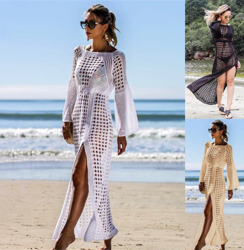Sexy Hollow-Out Knitted Beach Dress ¨C Long Sleeve Split Hem Bikini Cover-Up, Vacation Maxi Kimono