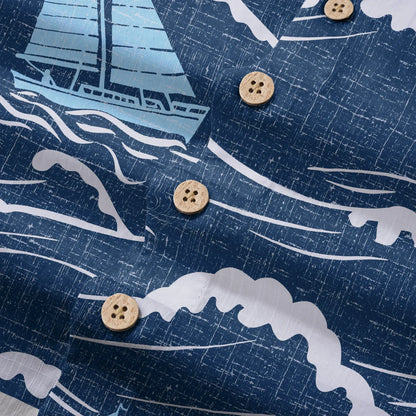 LeosWare® Sailboat Men's Hawaiian Shirt Short Sleeve Button-up 100% Cotton Blue Aloha Blue Sail Adventure