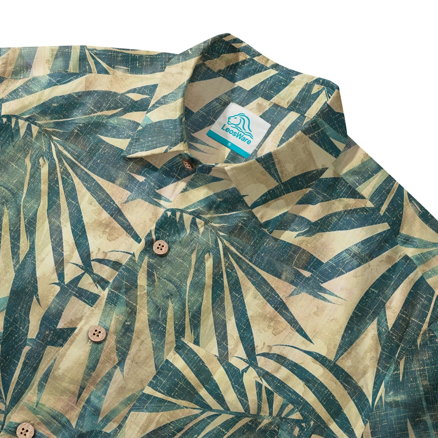 LeosWare® Men's Hawaiian Shirt Short Sleeve Button-up 100% Cotton Green Aloha Vintage Palm