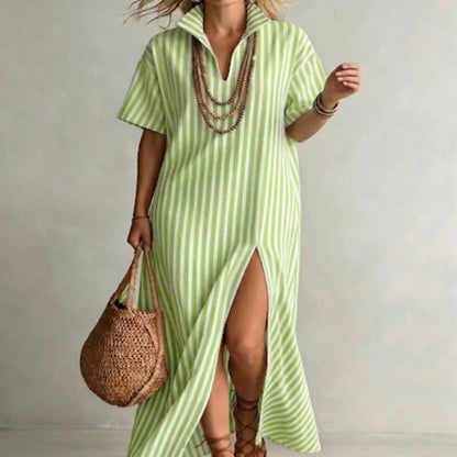 Women's Striped Slit Cotton-Linen Maxi Dress – V-Neck Short Sleeve