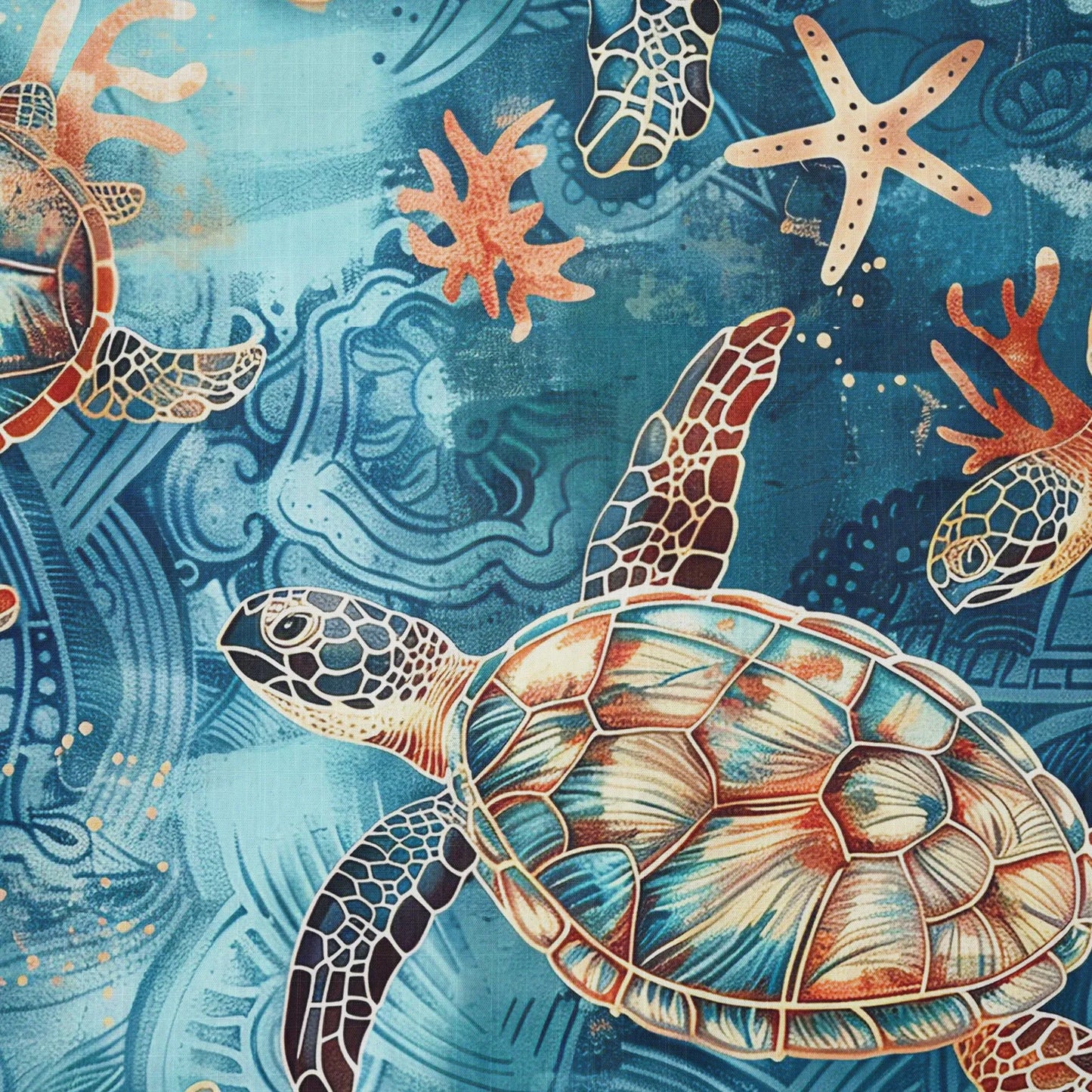 LeosWare® Men's Hawaiian Shirt Short Sleeve Button-up 100% Cotton Blue Aloha Golden Turtle Sea