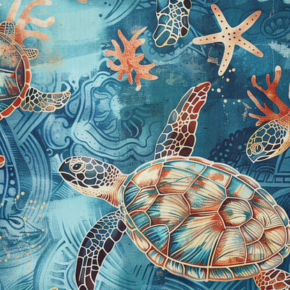 LeosWare® Men's Hawaiian Shirt Short Sleeve Button-up 100% Cotton Blue Aloha Golden Turtle Sea