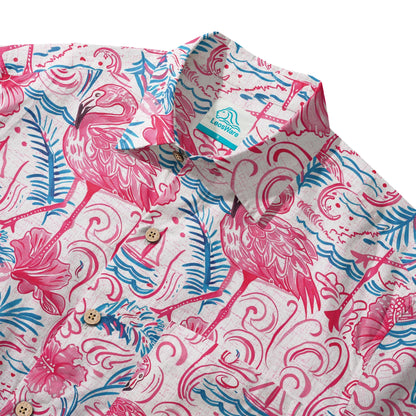Flamingo LeosWare® Men's Hawaiian Shirt Short Sleeve Button-up 100% Cotton Aloha Coastal Whisked Powder