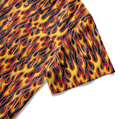 LeosWare® Flames Men's Hawaiian Shirt Short Sleeve Button-up 100% Cotton Yellow Aloha Flame Surge