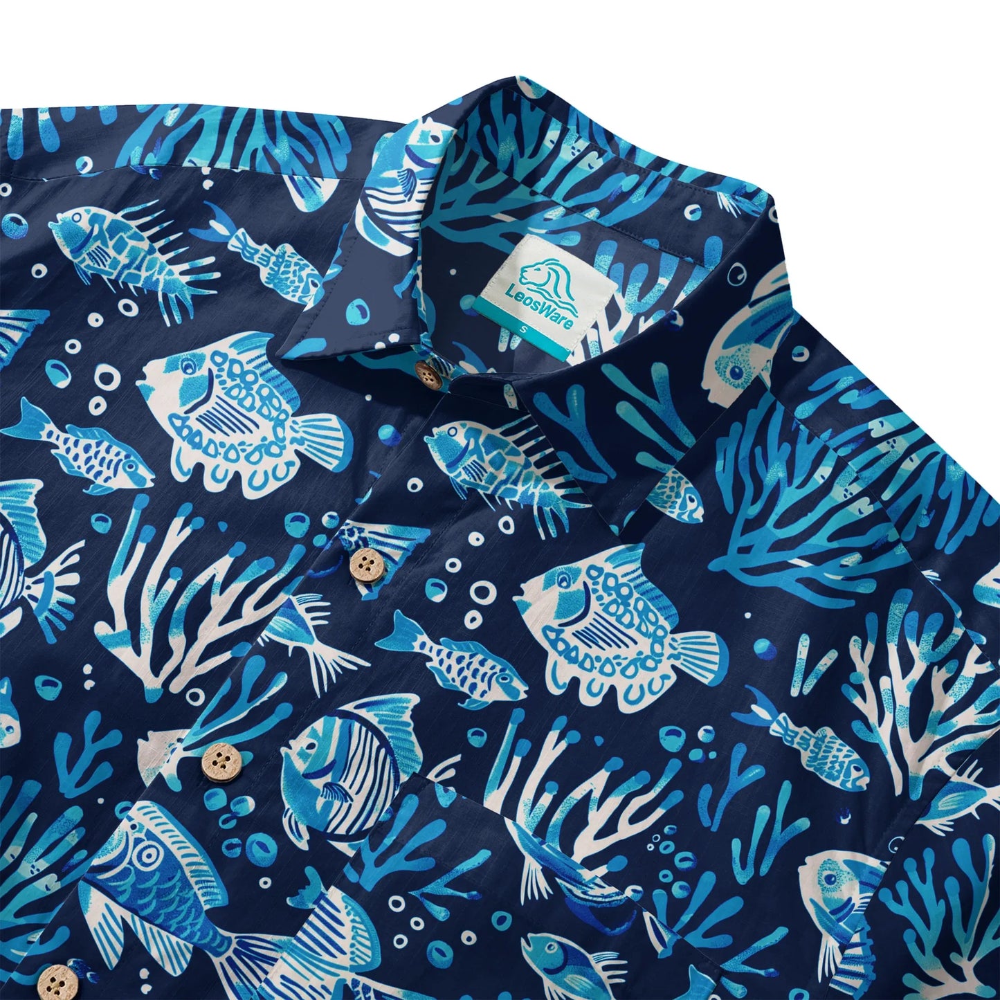 LeosWare® Men's Hawaiian Shirt Short Sleeve Button-up 100% Cotton Blue Coral Aloha Deep Blue Fish Whisper