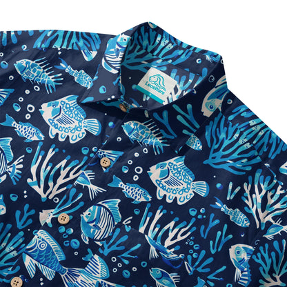 LeosWare® Men's Hawaiian Shirt Short Sleeve Button-up 100% Cotton Blue Coral Aloha Deep Blue Fish Whisper
