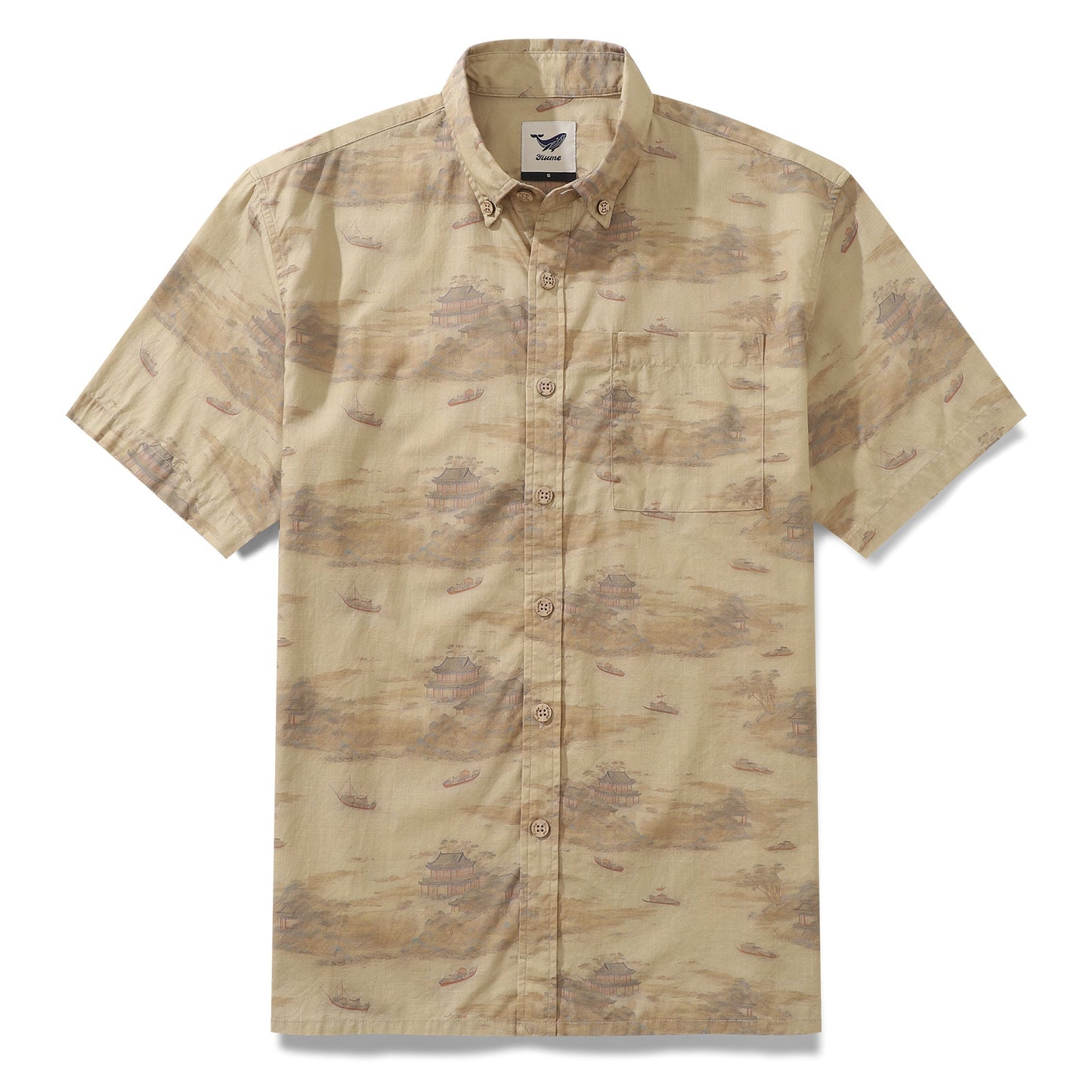 1920s Vintage Men's Hawaiian Shirt Serenity along the Riverbank Cotton Button-down Short Sleeve Aloha Shirt