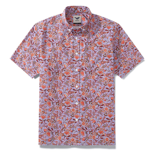 Men's Hawaiian Shirt Purple Orange Multicolored Print Cotton Button-down Short Sleeve Aloha Shirt