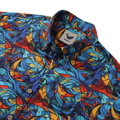 1960s Vintage Men's Hawaiian Shirt Cubism Print Cotton Button-down Short Sleeve Aloha Shirt