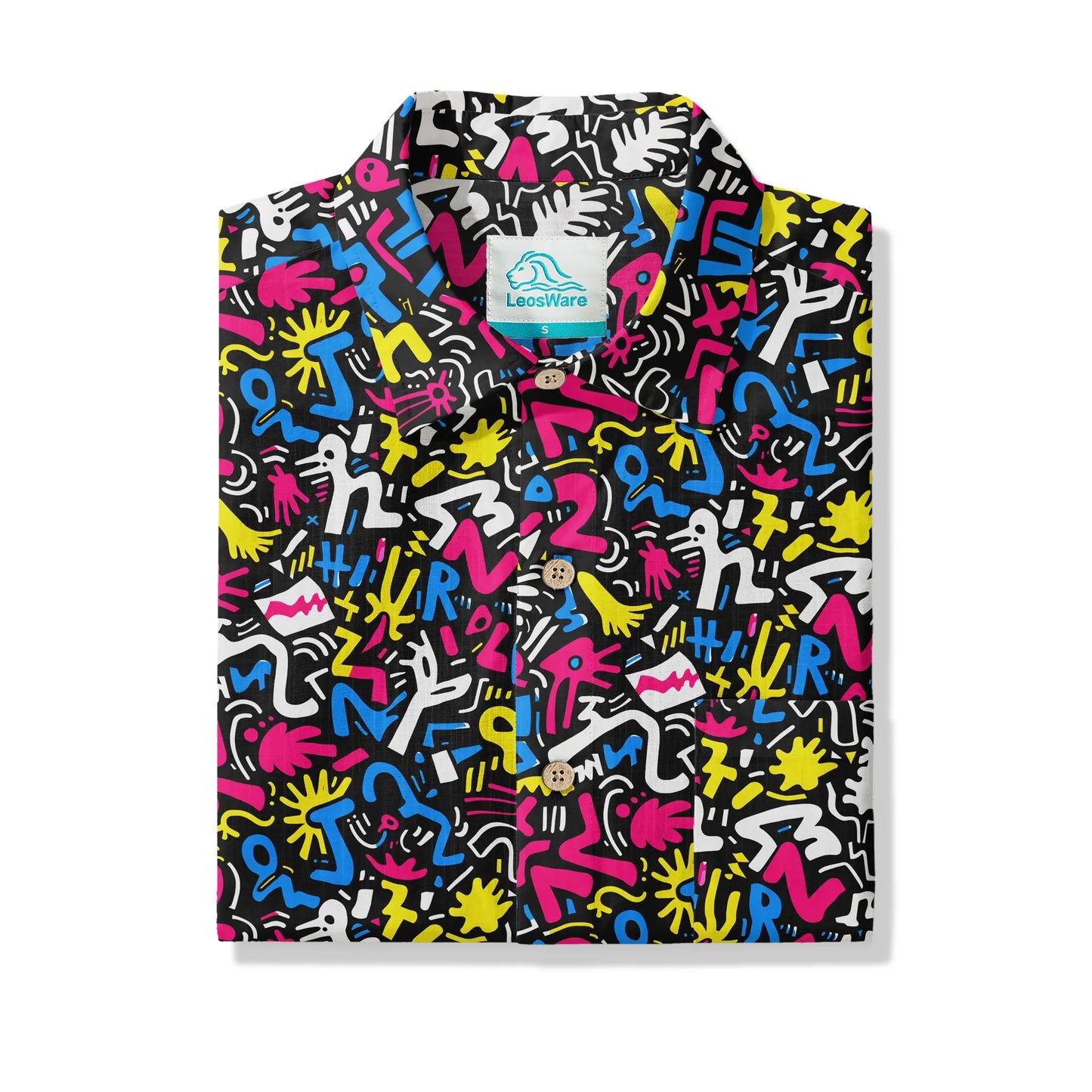 LeosWare® Men's Hawaiian Shirt Short Sleeve Button-up 100% Cotton Black Aloha Graffiti Fun