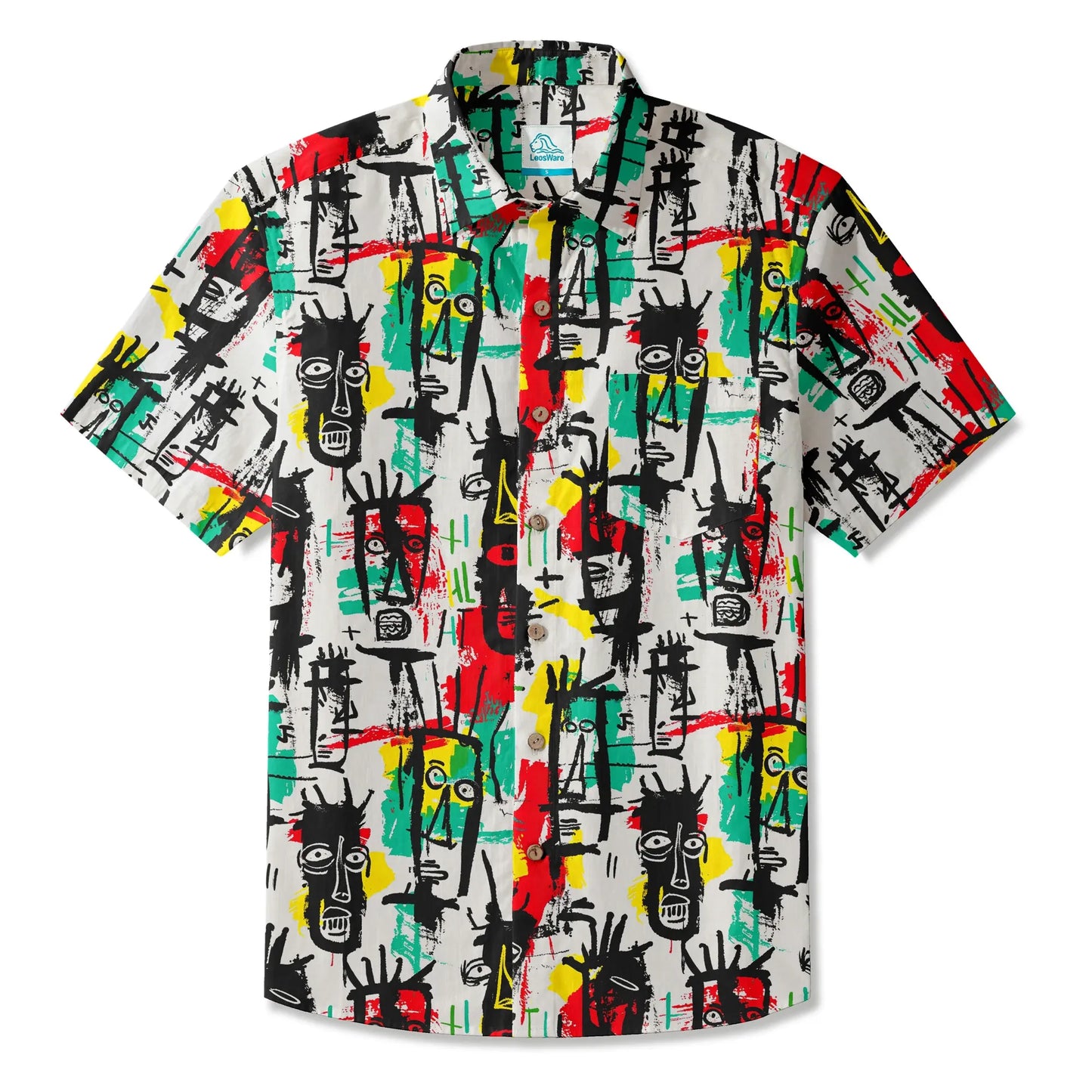 LeosWare® Men's Hawaiian Shirt Short Sleeve Button-up 100% Cotton White Aloha Quirky Face Doodles