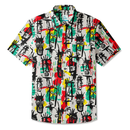 LeosWare® Men's Hawaiian Shirt Short Sleeve Button-up 100% Cotton White Aloha Quirky Face Doodles