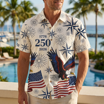 LeosWare® Men's Hawaiian Shirt Short Sleeve Button-up Breathable & Quick-Dry Aloha American Flag Eagle Fireworks Commemorating 250 Years