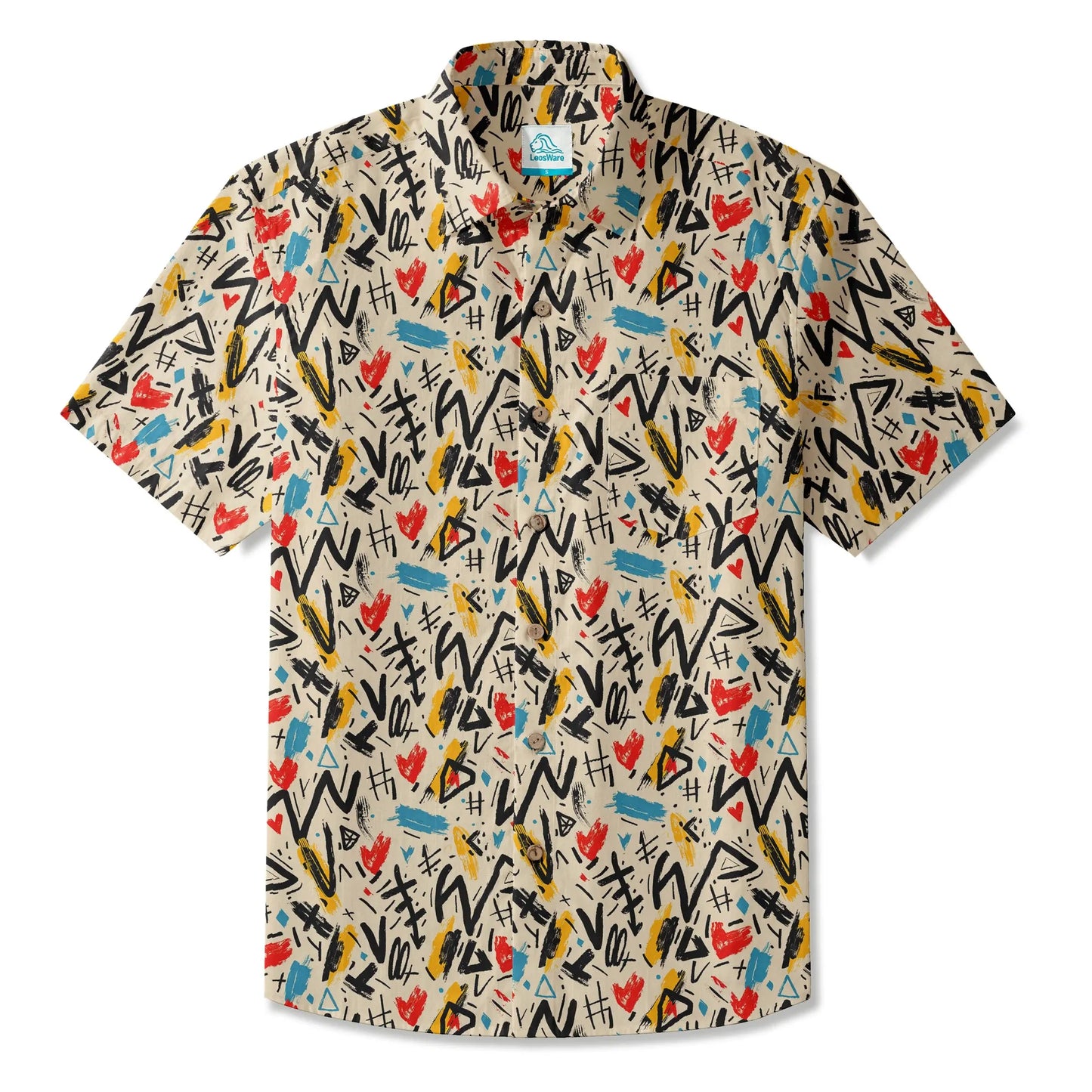 LeosWare® Men's Hawaiian Shirt Short Sleeve Button-up 100% Cotton Beige Aloha Graffiti Impressions