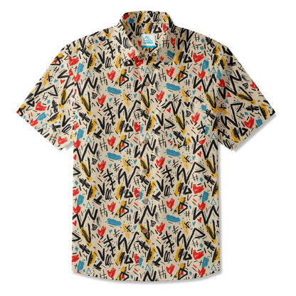 LeosWare® Men's Hawaiian Shirt Short Sleeve Button-up 100% Cotton Beige Aloha Graffiti Impressions