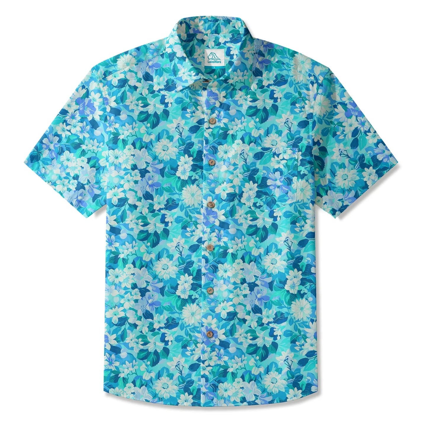 LeosWare® Flower Men's Hawaiian Shirt Short Sleeve Button-up 100% Cotton Blue Aloha Blue Oasis