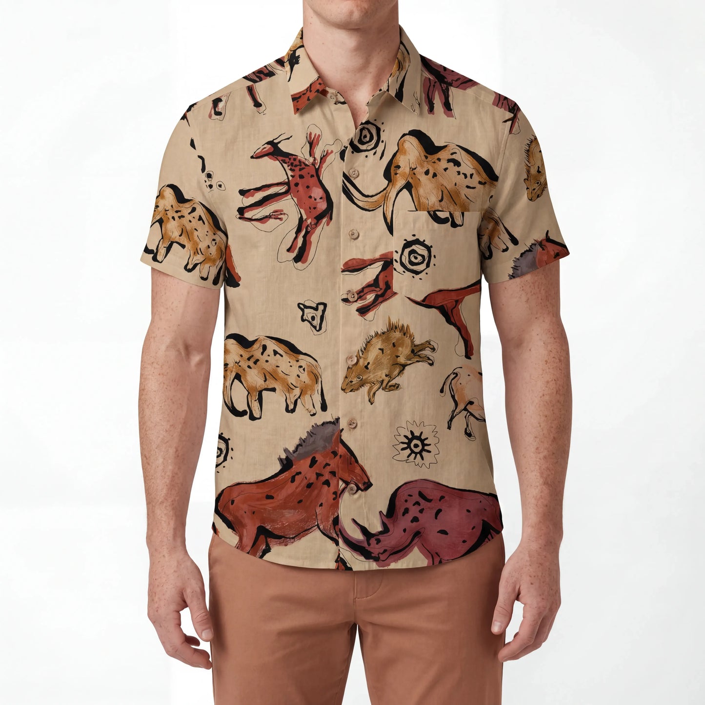 LeosWare® Men's Hawaiian Shirt Short Sleeve Button-up 100% Cotton Red Aloha Vintage Cave Art Print