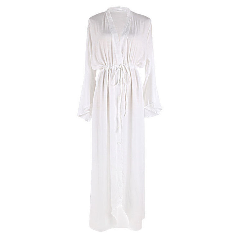 Slub Fabric Flounce Sleeve Deep V-Neck Beach Dress ¨C Vacation Bikini Cover-Up, Sun Protection Kimono